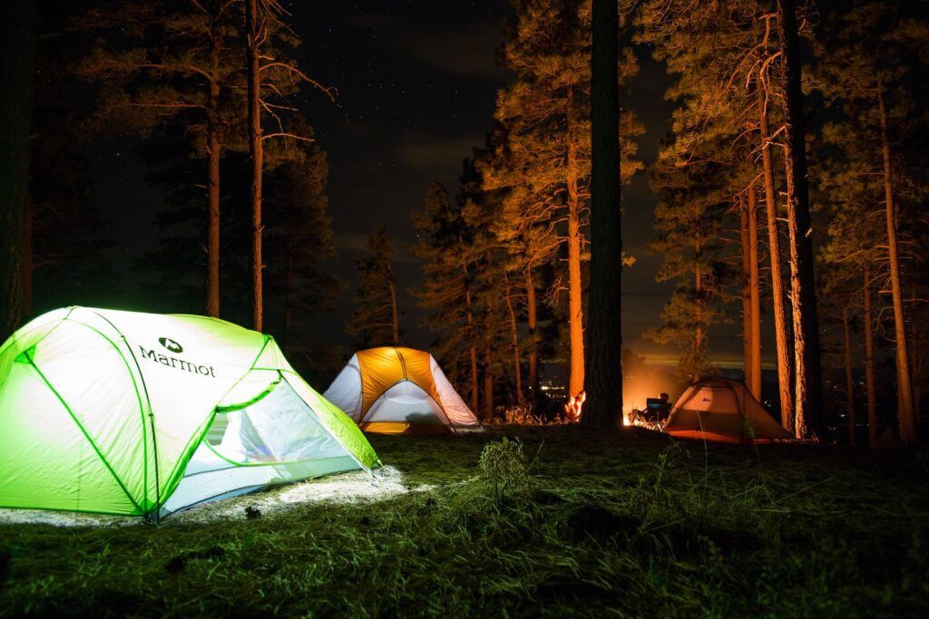 three dome tents with lights on forest beside campfire